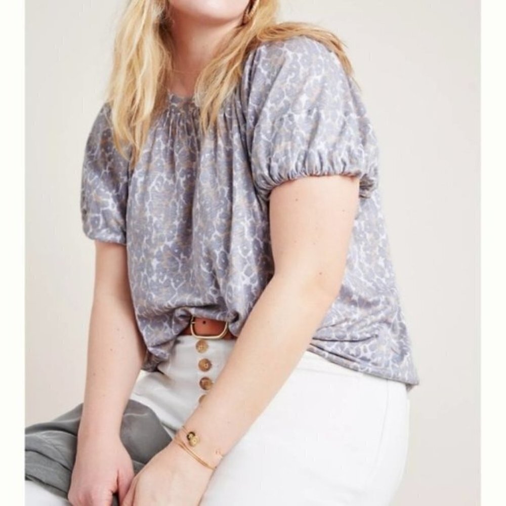 MAEVE Anthro Linen Cheetah Puff Sleeve Top